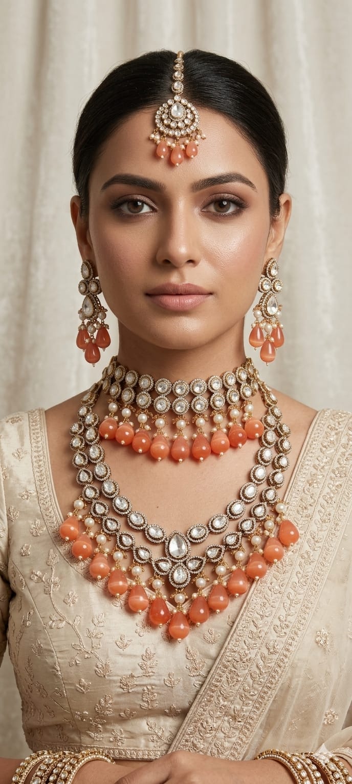 Layered Indian Bridal Necklace Set in Kundan Polki Design.