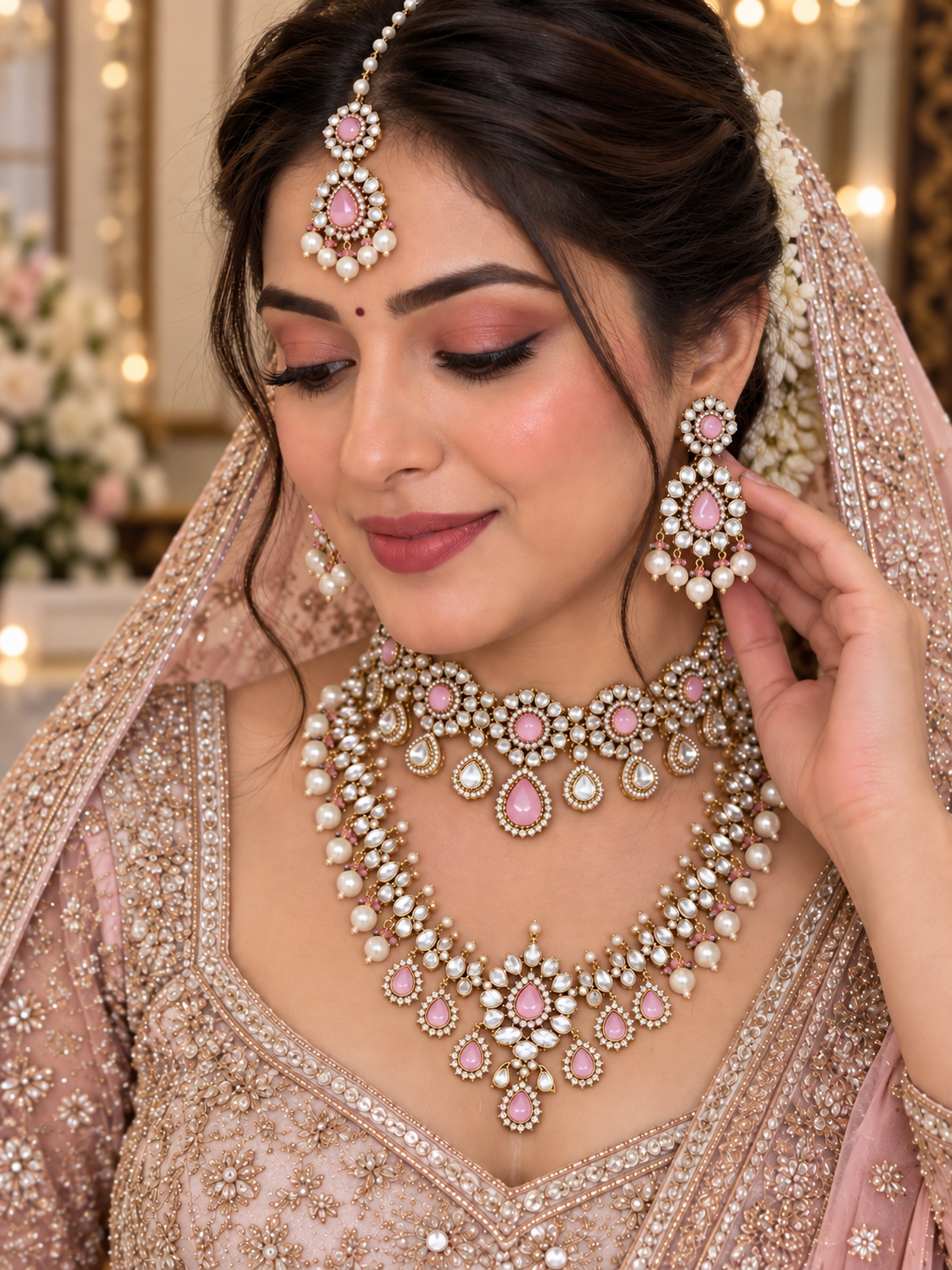 Royal Pink-White Kundan Polki Choker & Haar Set with Maang Tikka - Kundan Polki Bridal Jewellery by Ganesh Kundan & Polki (view 2)