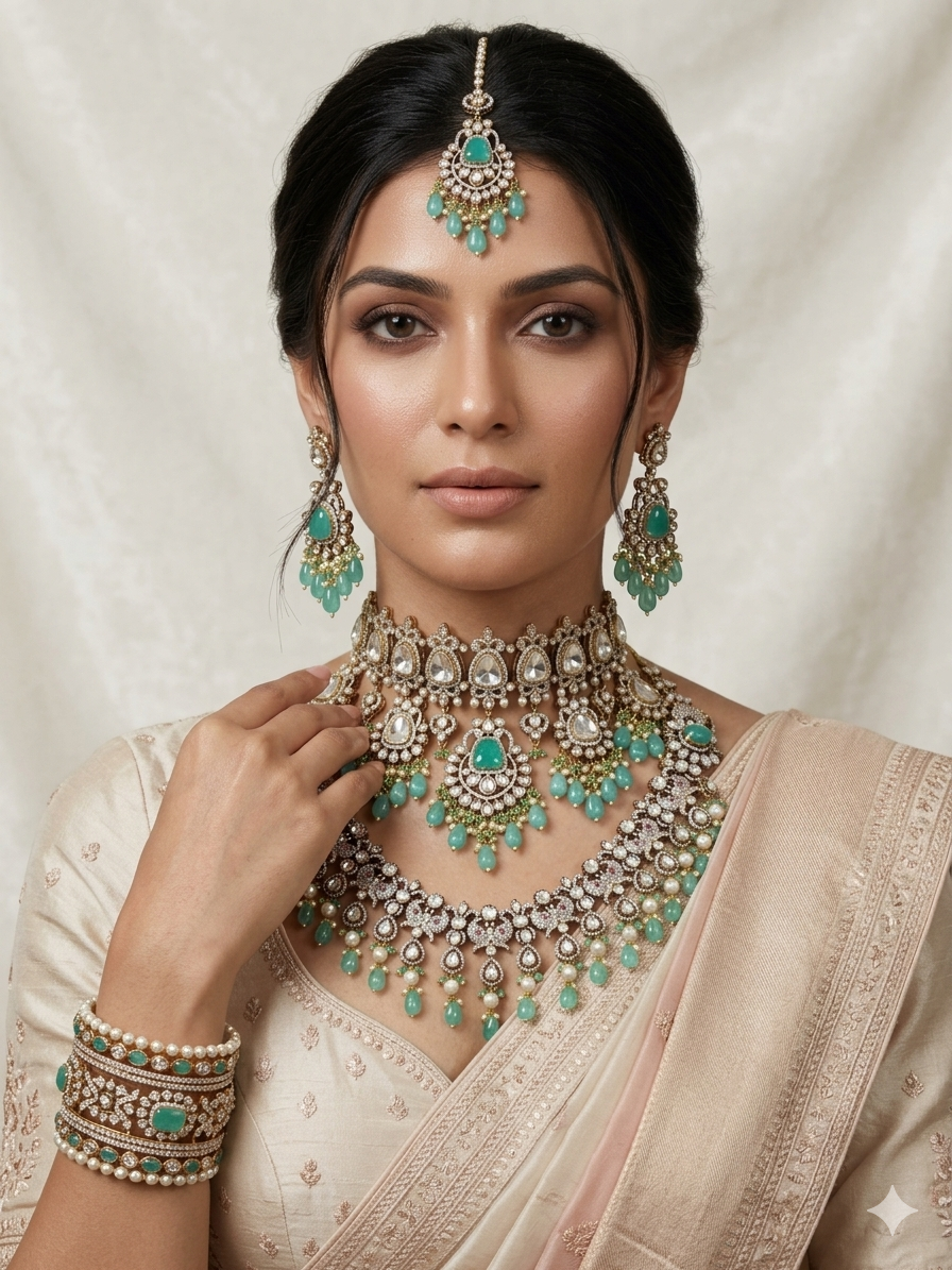 Mint green kundan bridal jewellery set with earrings India