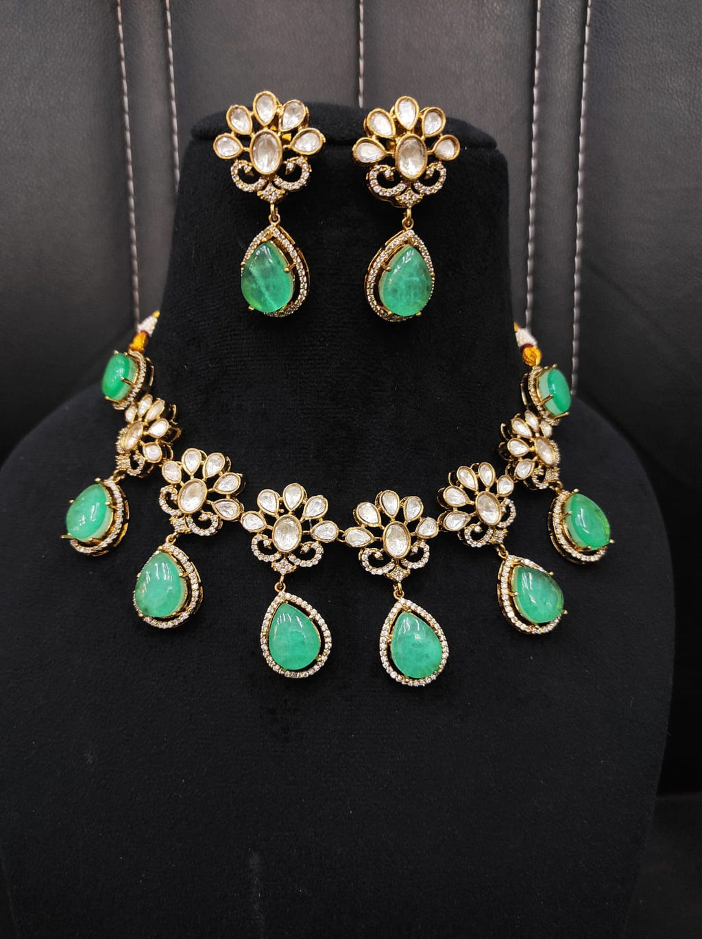 Green Bridal Kundan and Polki Jewellery Set with Earrings for Wedding