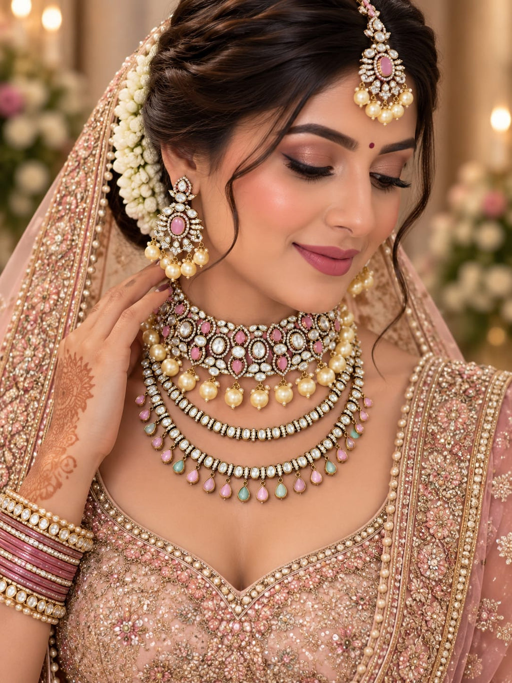 Mehendi-Ready Pink-Mint Kundan Polki Choker & Haar Set - Kundan Polki Bridal Jewellery by Ganesh Kundan & Polki (view 2)