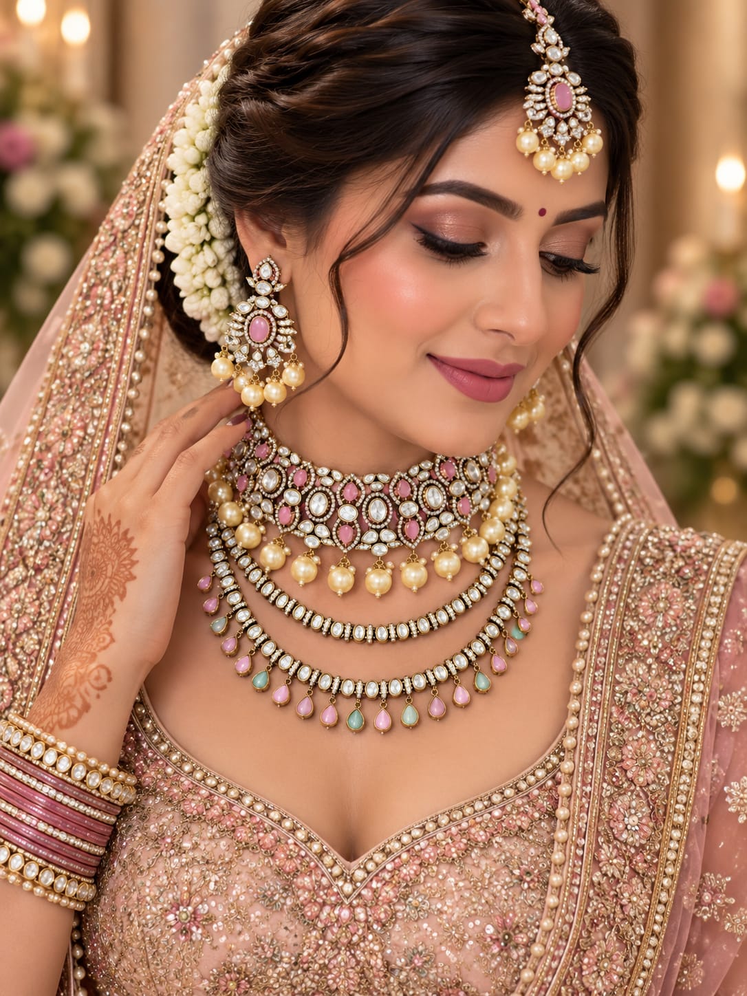 Mehendi-Ready Pink-Mint Kundan Polki Choker & Haar Set - Kundan Polki Bridal Jewellery by Ganesh Kundan & Polki (view 2)