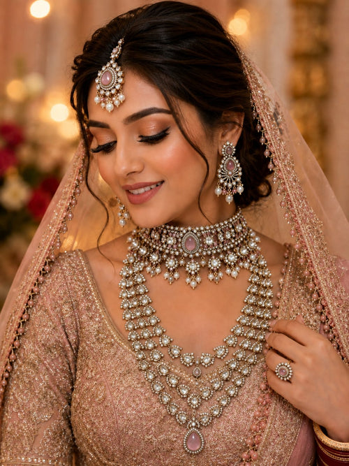 Artificial bridal Kundan jewellery set in rose pink and gold for wedding