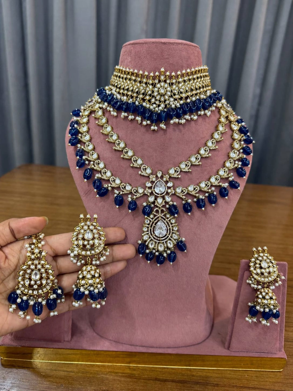 Navy Blue Kundan Polki Bridal Jewellery Set with Choker, Long Necklace, Jhumka Earrings and Maang Tikka by Ganesh Kundan Jewellery
