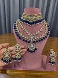 Navy Blue Kundan Polki Bridal Jewellery Set with Choker, Long Necklace, Jhumka Earrings and Maang Tikka by Ganesh Kundan Jewellery
