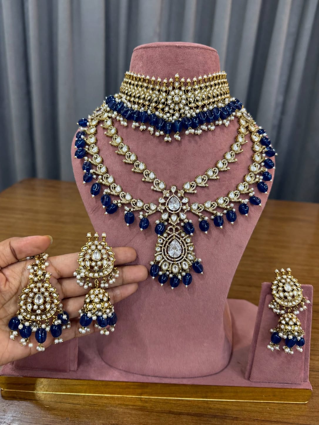 Navy Blue Kundan Polki Bridal Jewellery Set with Choker, Long Necklace, Jhumka Earrings and Maang Tikka by Ganesh Kundan Jewellery
