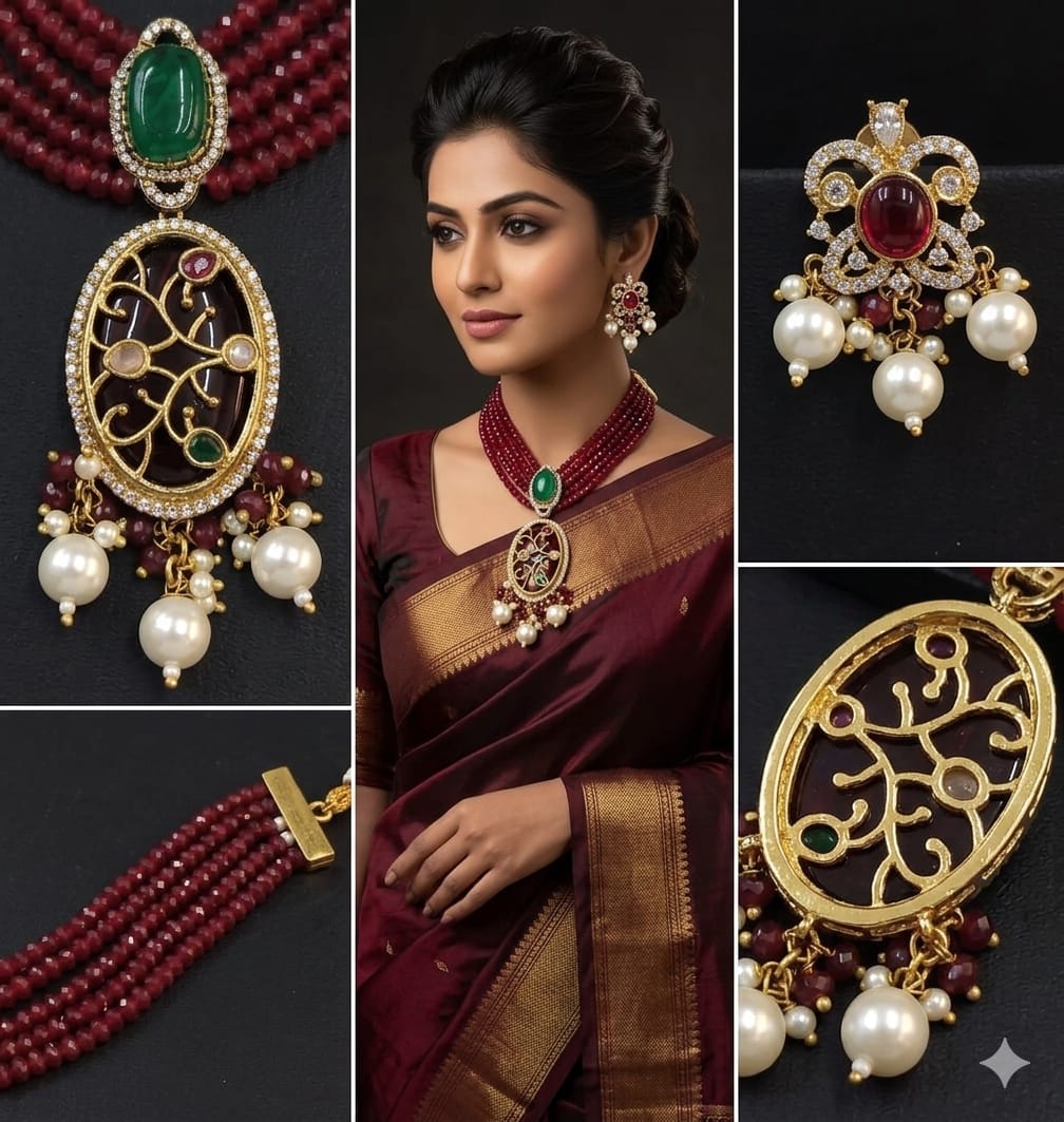 Maroon Polki bridal jewellery set for weddings