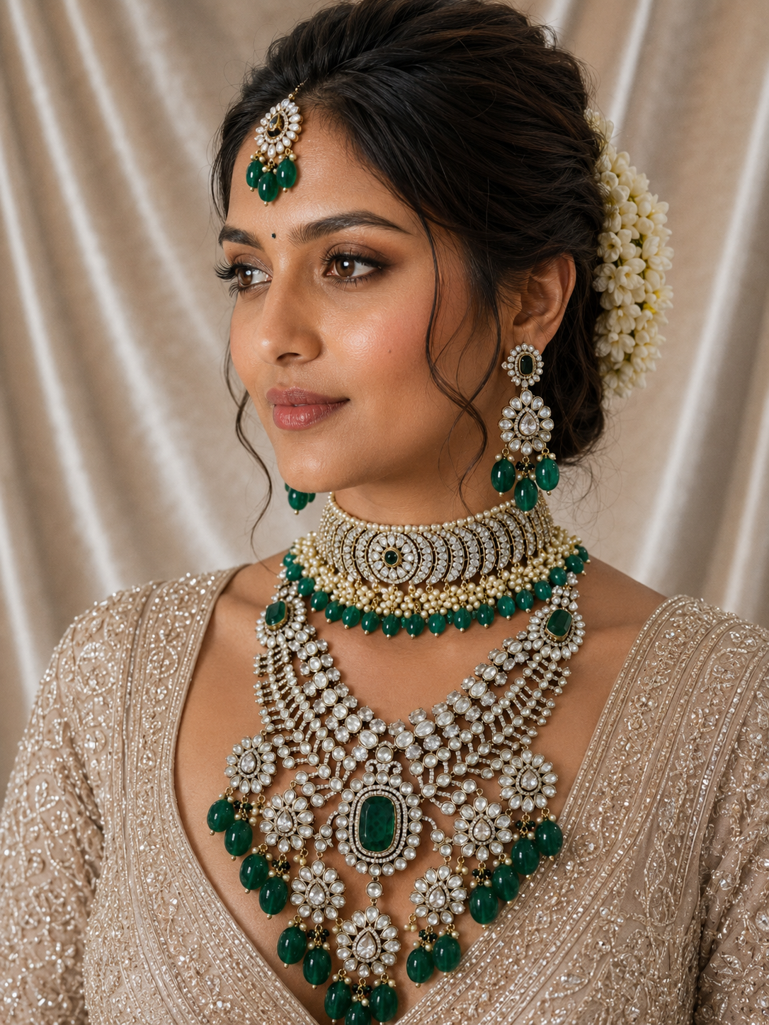 Luxury emerald green bridal Polki jewellery set