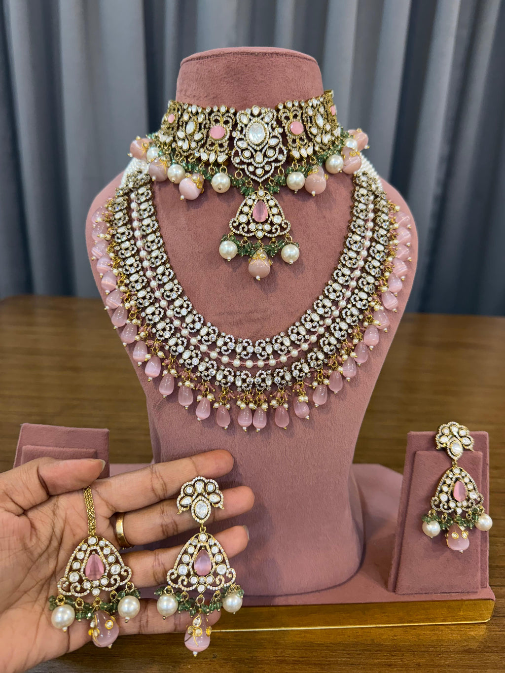 Blush Pink Bridal Kundan Polki Jewellery Set with Choker Long Necklace and Earrings