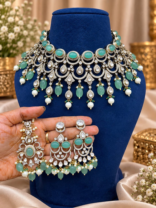 Mint green Bridal Kundan Polki choker jewellery set with earrings