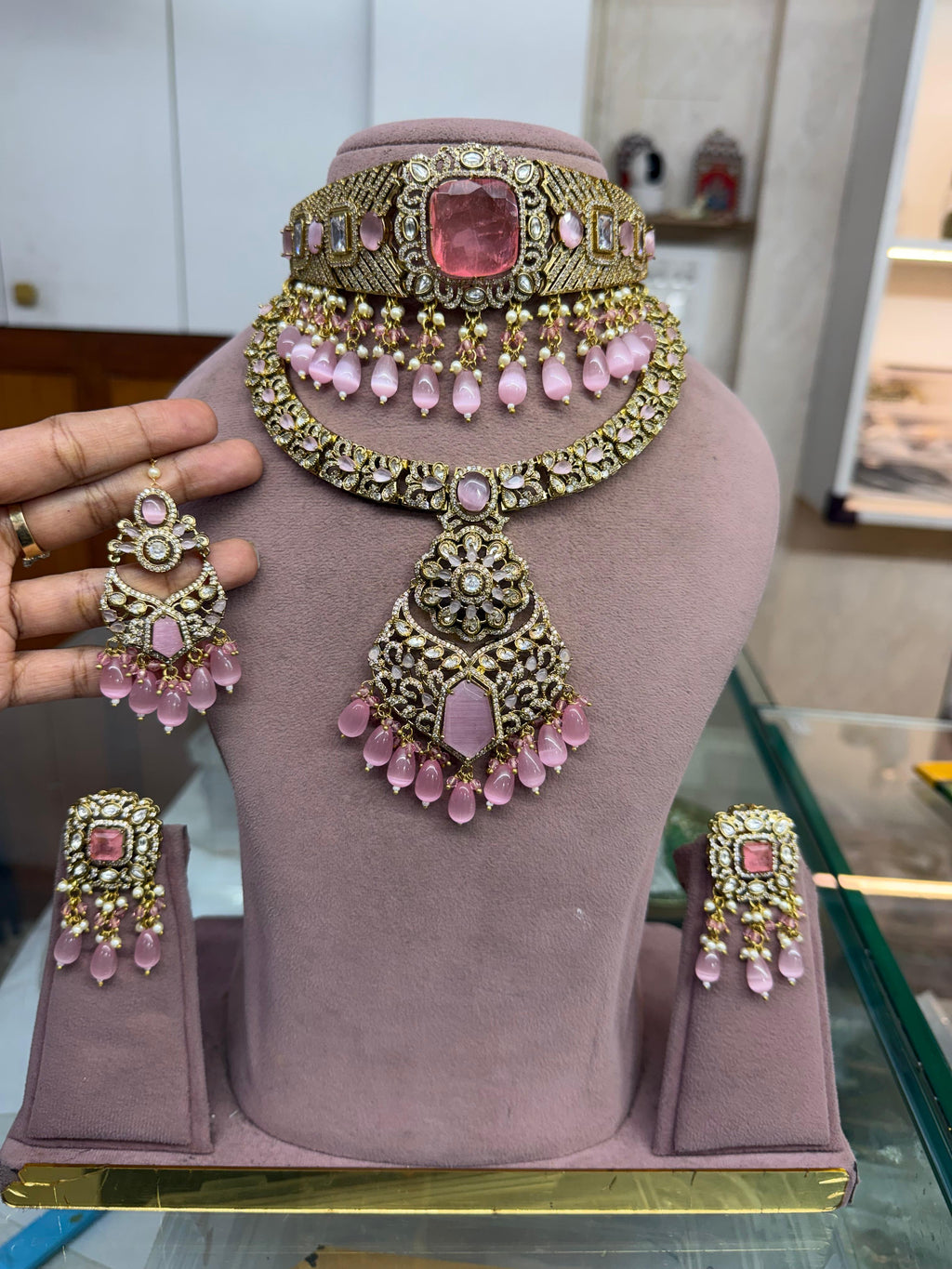 Pink Bridal Kundan Polki Jewellery Set with Choker Necklace Earrings and Maang Tikka