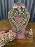 Bridal Kundan Polki jewellery set with green beads choker long necklace earrings