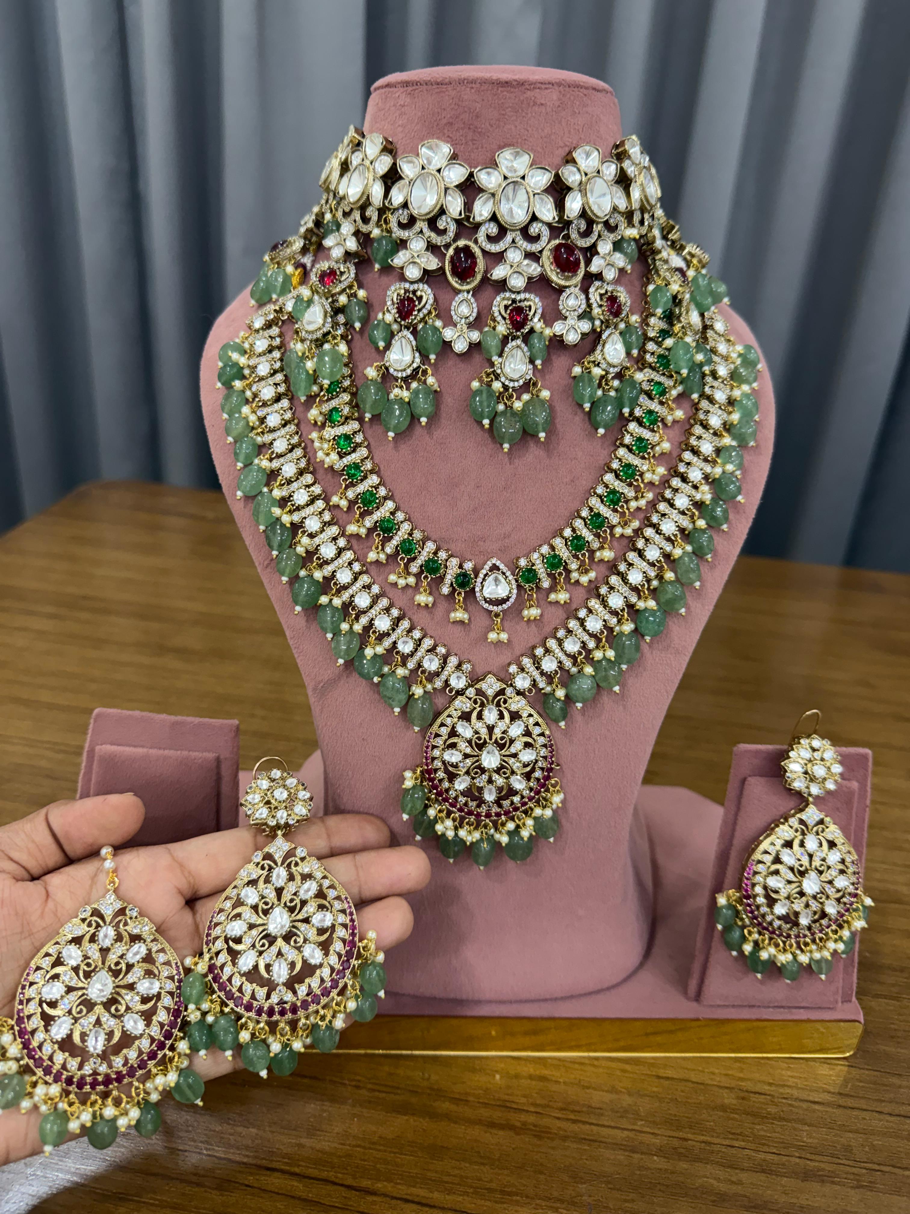 Bridal Kundan Polki jewellery set with green beads choker long necklace earrings