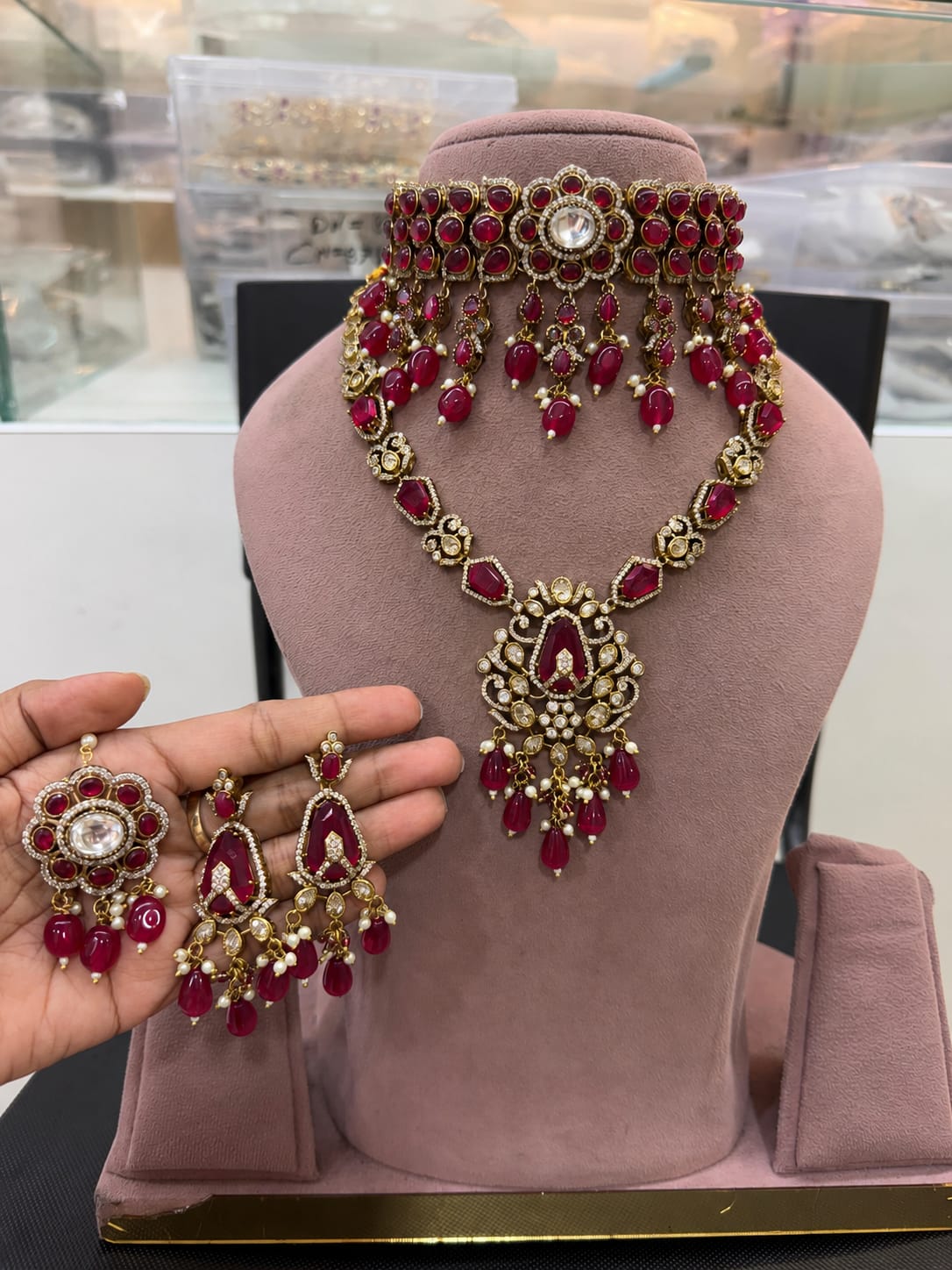 Premium Ruby Red Bridal Kundan Polki Choker and Long Necklace Jewellery Set with Earrings and Maang Tikka