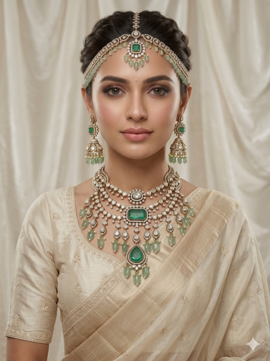 Woman wearing traditional bridal jewellery with a beige saree 