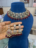 Maroon bridal Kundan and Polki choker jewellery set with matching earrings