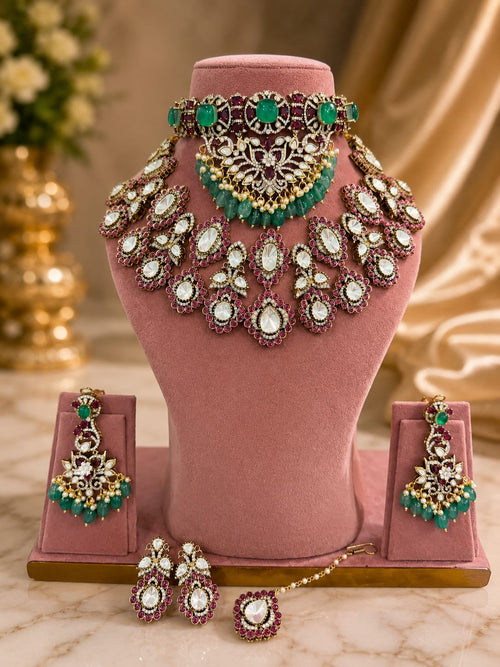 Bridal Kundan Polki jewellery set with emerald green and ruby choker long necklace and earrings