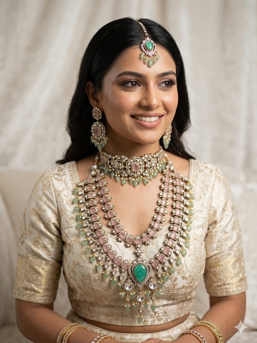 Heavy Bridal Choker and Long Haar Necklace Set in Rose Pink Kundan.