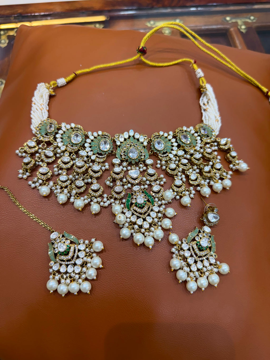 Mint Green Bridal Kundan Polki Choker Jewellery Set with Pearl Drops