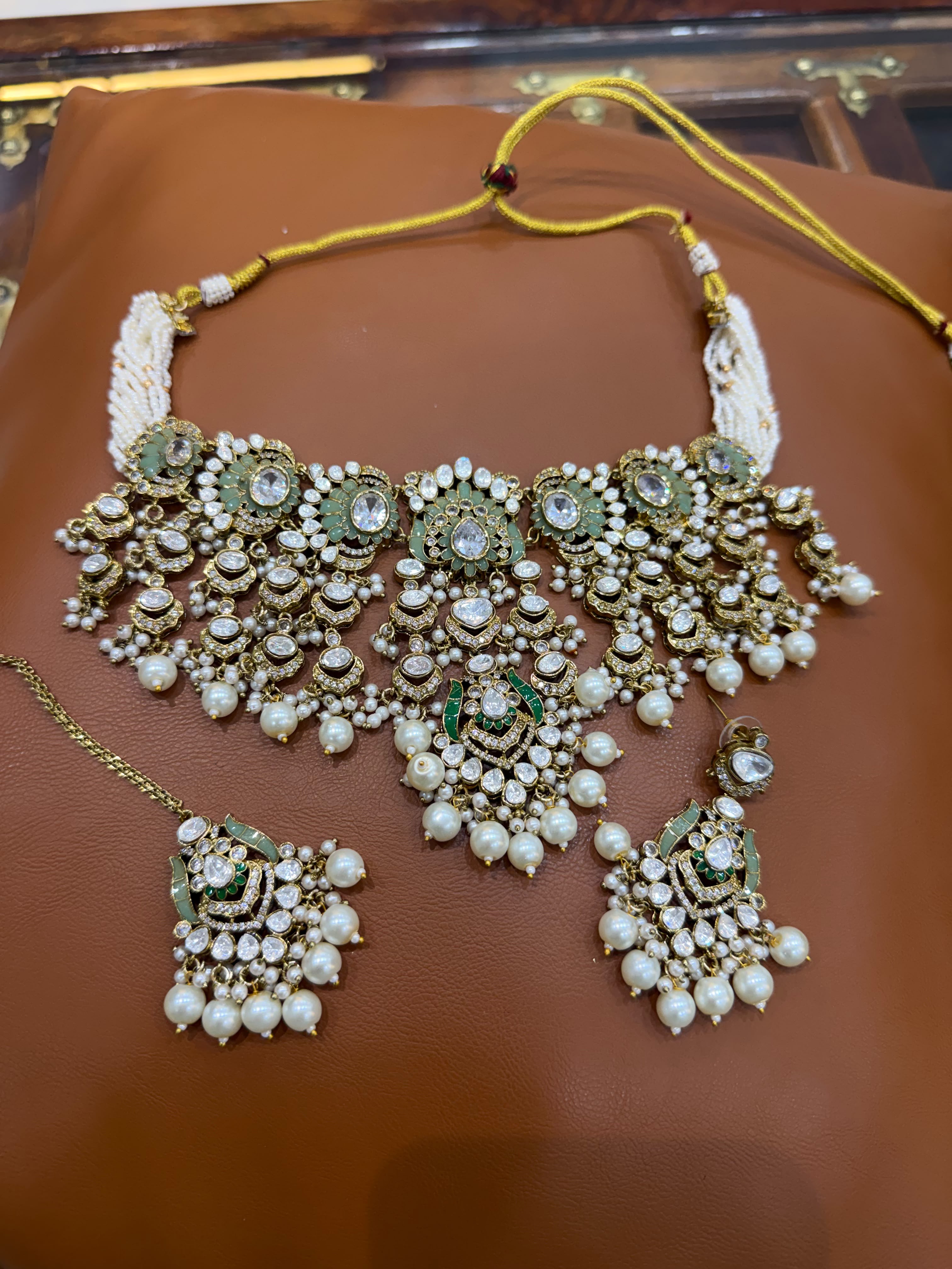 Mint Green Bridal Kundan Polki Choker Jewellery Set with Pearl Drops