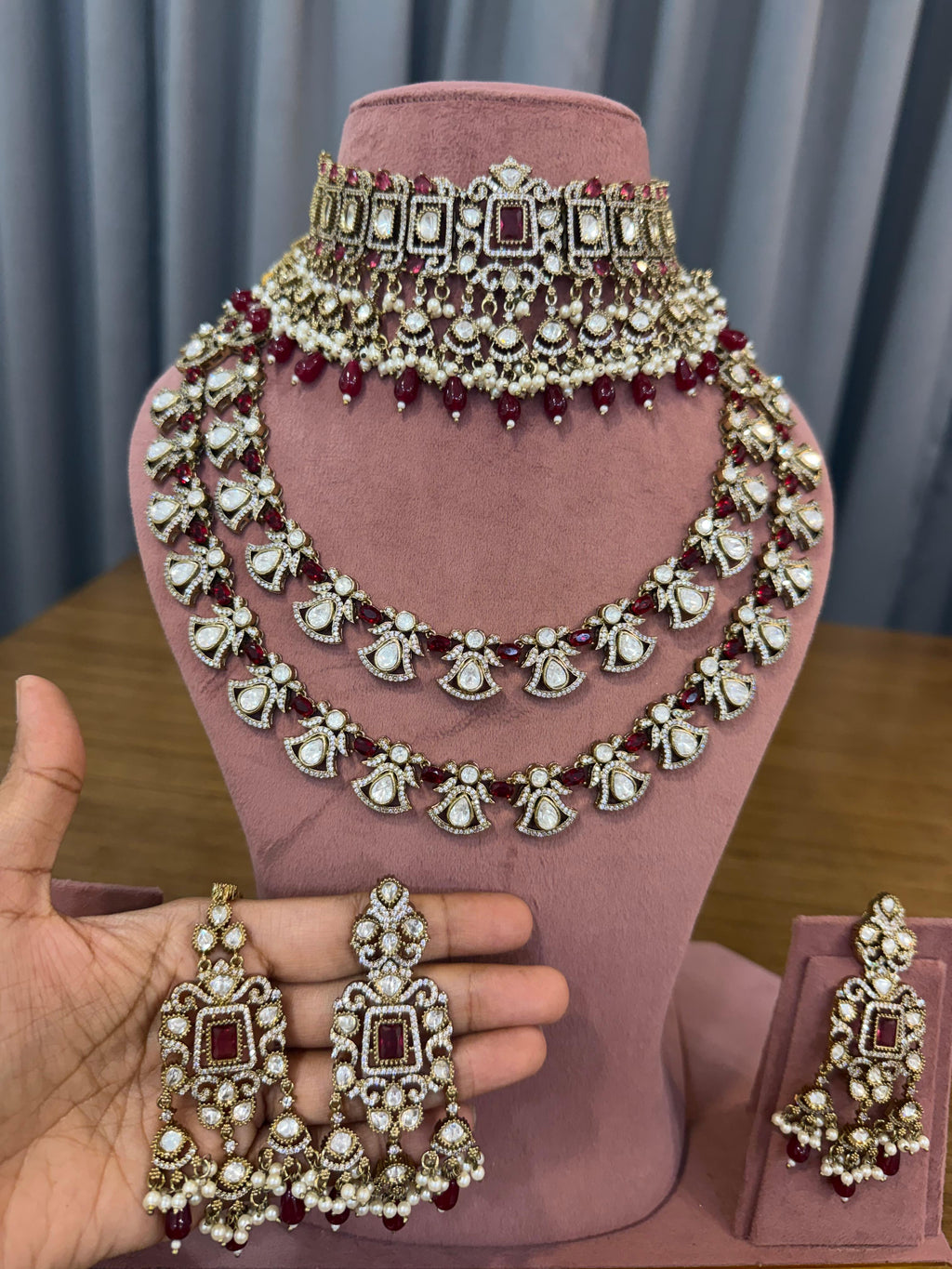 Ruby Red Bridal Kundan and Polki Jewellery Set with Choker and Layered Necklace