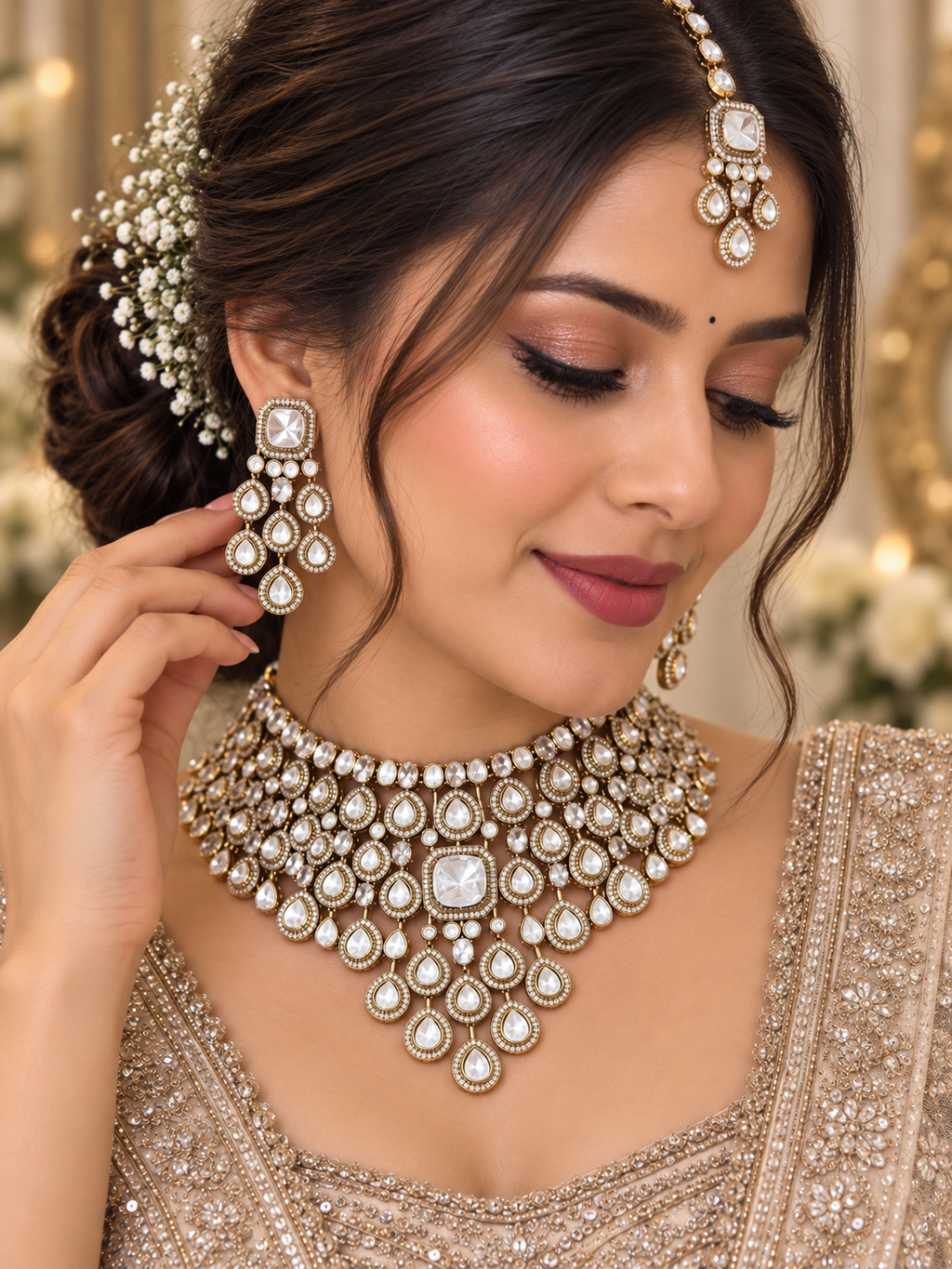 Sculpted White Kundan Polki Choker Set - Kundan Polki Bridal Jewellery by Ganesh Kundan & Polki (view 2)