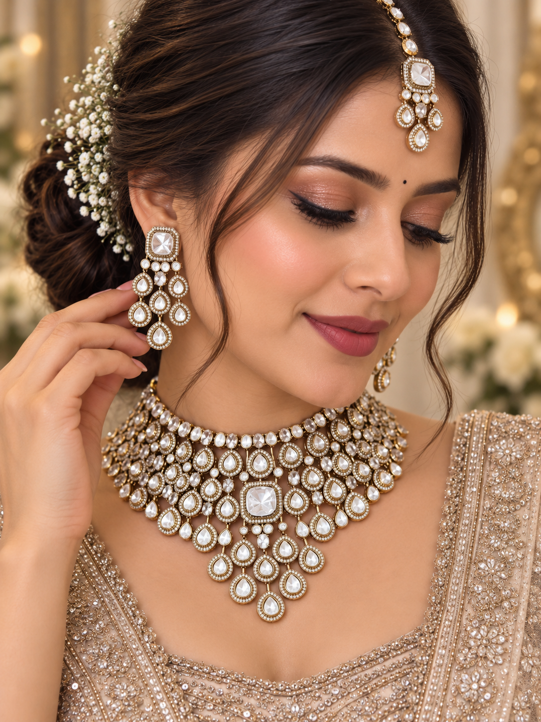 Sculpted White Kundan Polki Choker Set - Kundan Polki Bridal Jewellery by Ganesh Kundan & Polki (view 2)