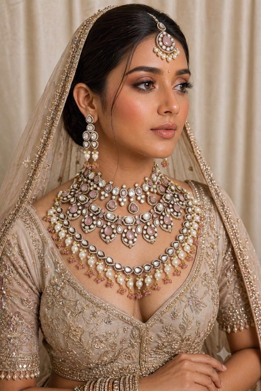 Kundan wedding jewellery set with pink teardrop stones on display