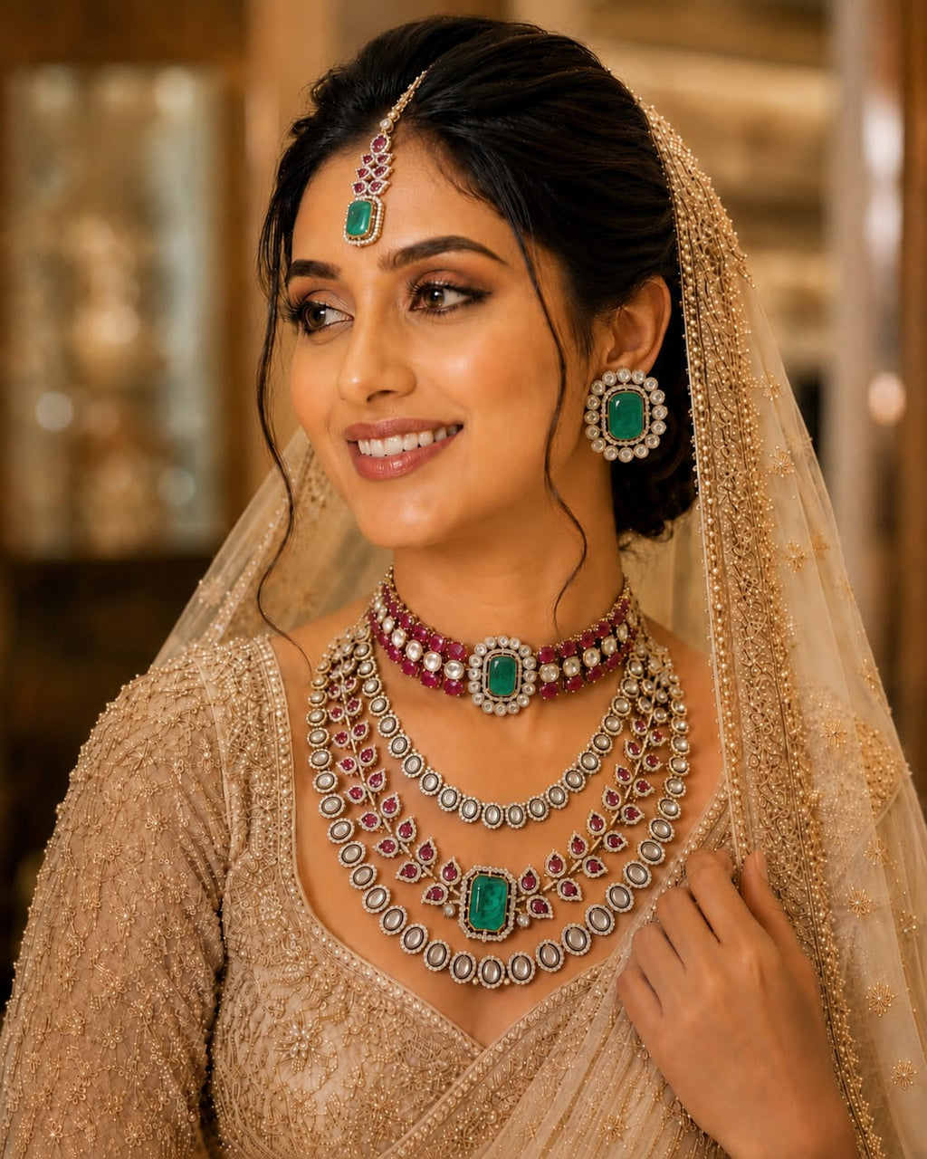 Royal Emerald Green Wedding Jewellery Set with Earrings
