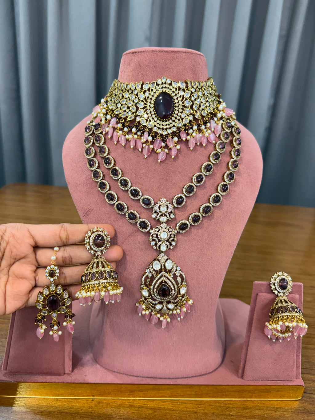 Bridal Kundan Polki Jewellery Set with Choker Long Necklace and Jhumka Earrings in Pink and Wine Stones