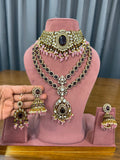 Bridal Kundan Polki Jewellery Set with Choker Long Necklace and Jhumka Earrings in Pink and Wine Stones
