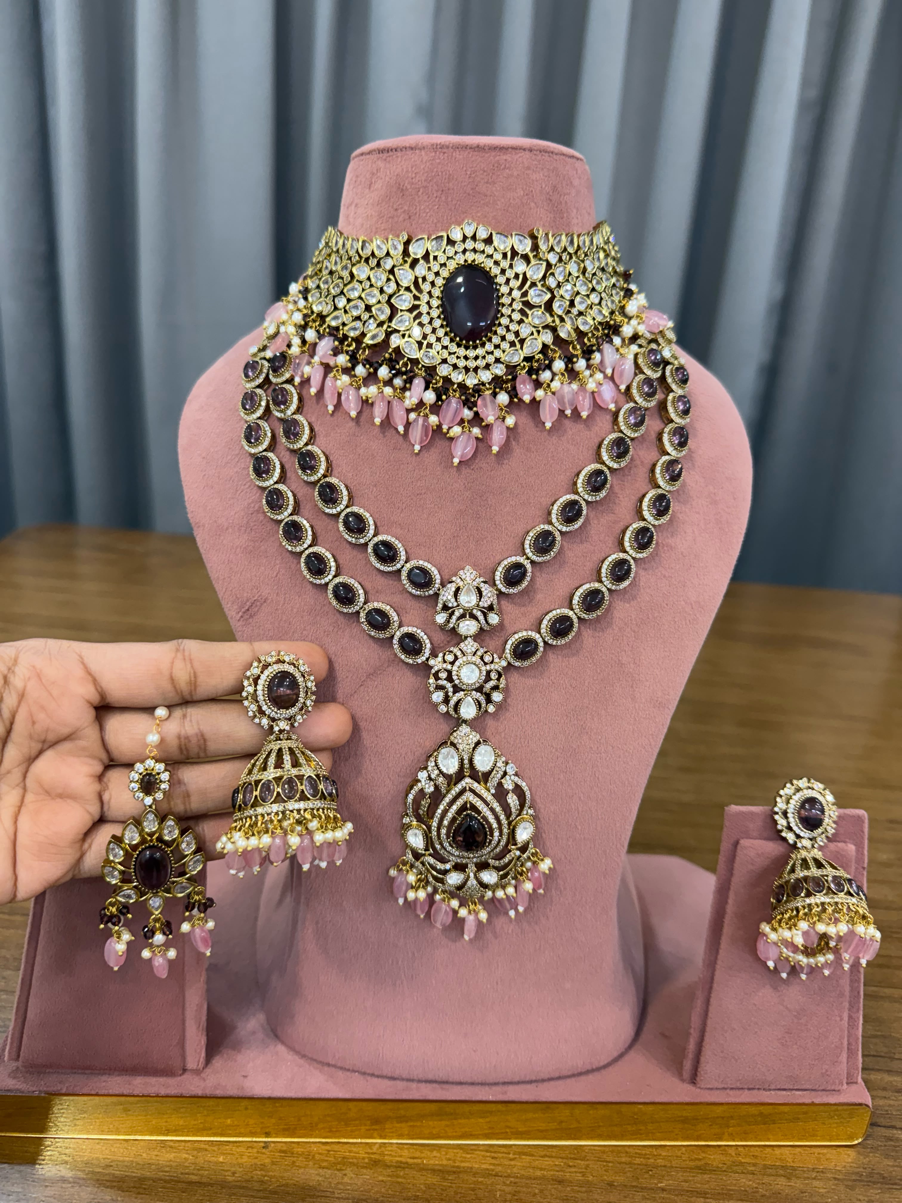 Bridal Kundan Polki Jewellery Set with Choker Long Necklace and Jhumka Earrings in Pink and Wine Stones