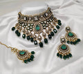 Emerald Green Bridal Kundan Polki Choker Jewellery Set with Earrings and Maang Tikka