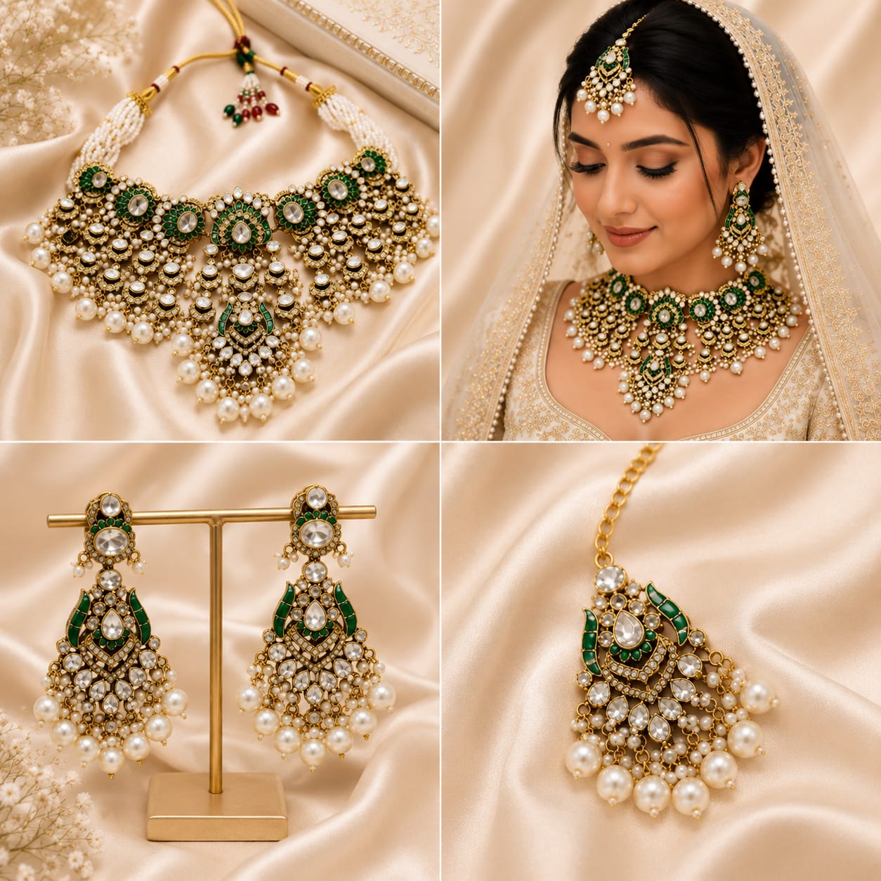 Bridal green Kundan Polki necklace set with pearl drops