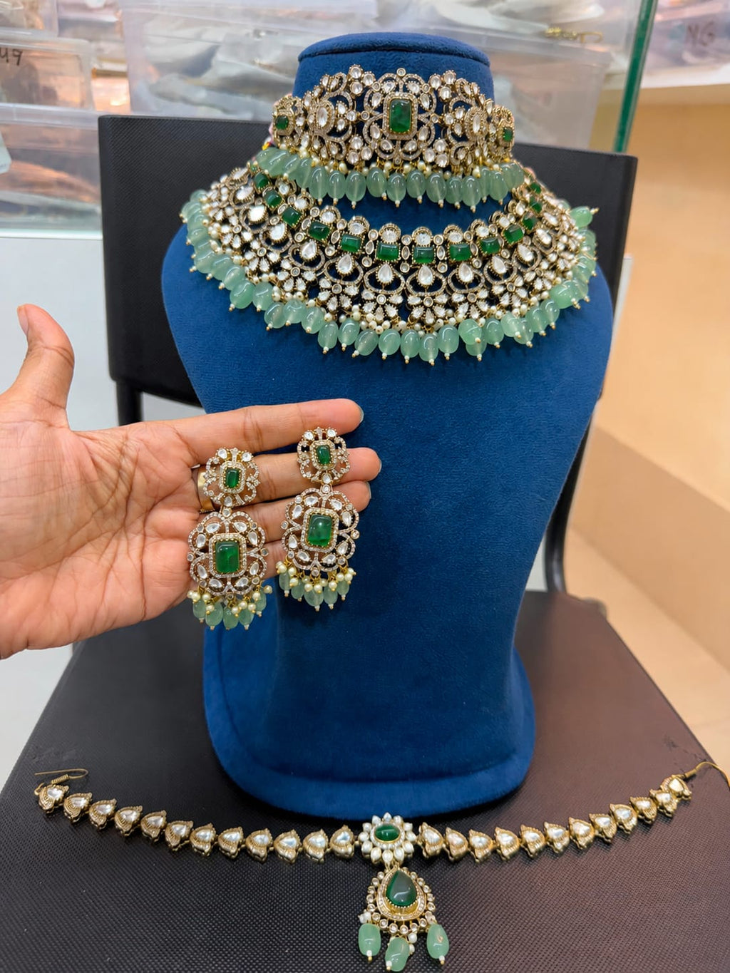 Premium Emerald Green & Mint Bridal Kundan Polki Choker Jewellery Set with Earrings and Maang Tikka