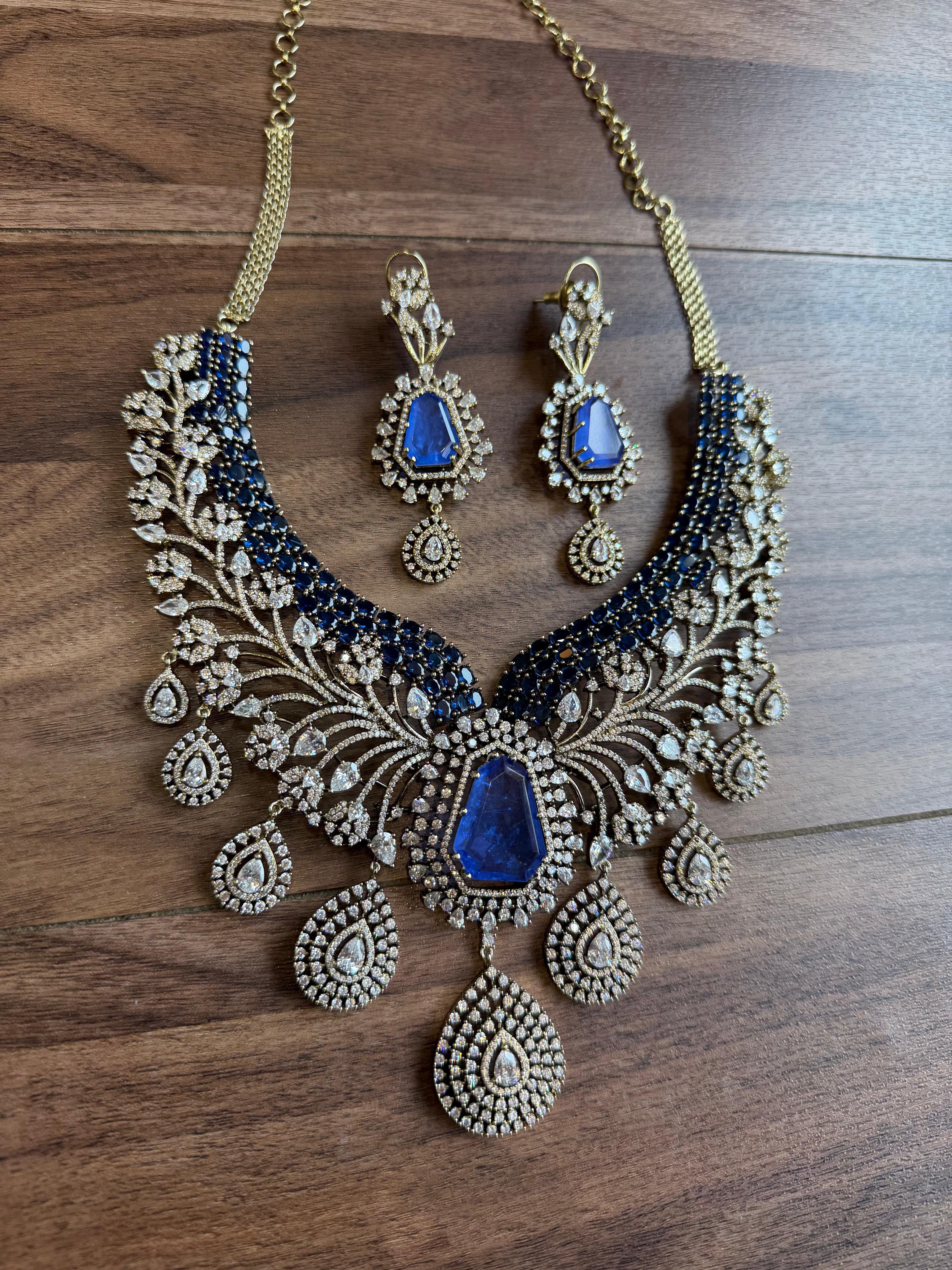 Bridal Kundan Polki jewellery set with blue stone choker and earrings