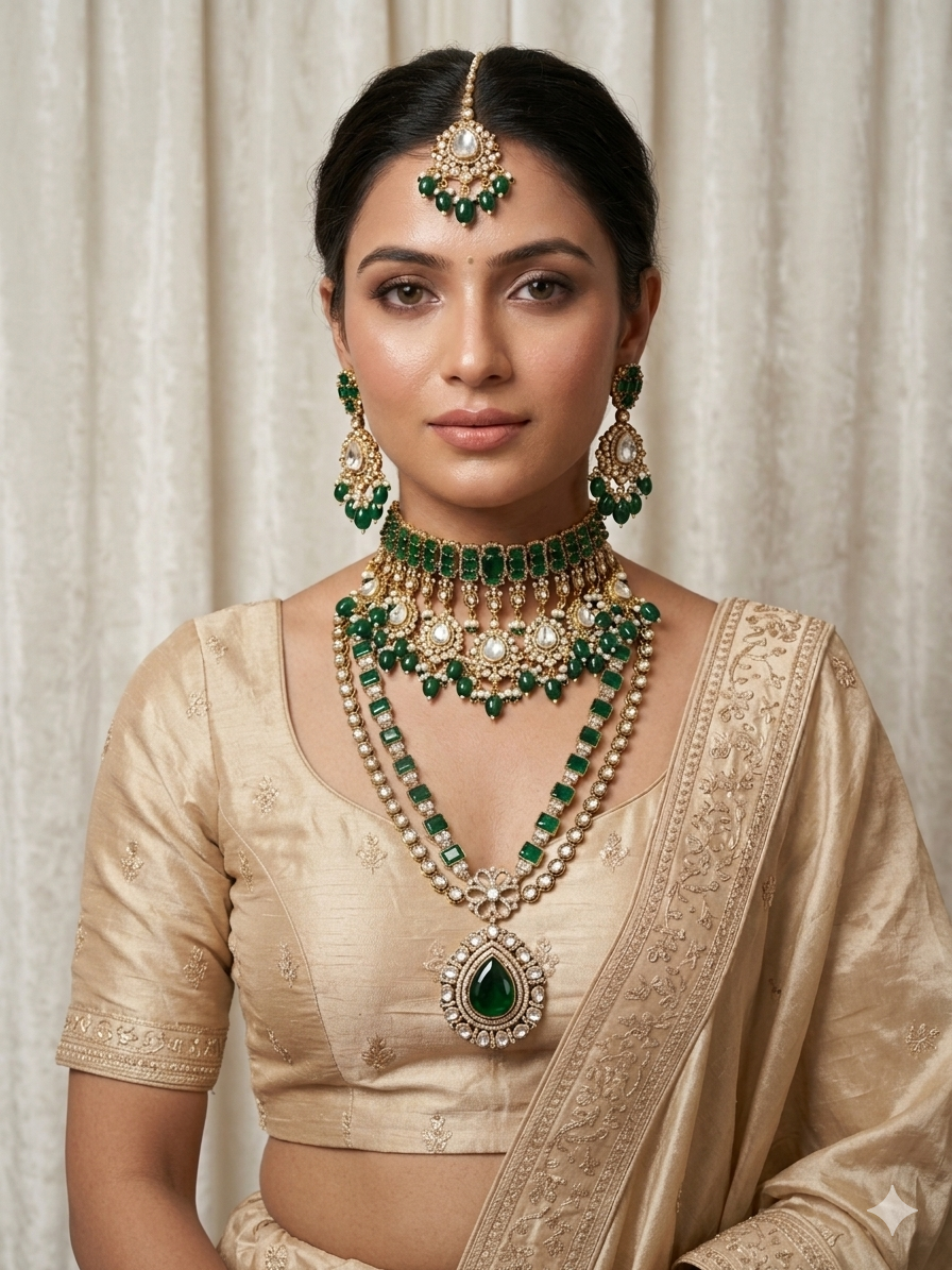 Polki jewellery set with long haar and maang tikka for bride