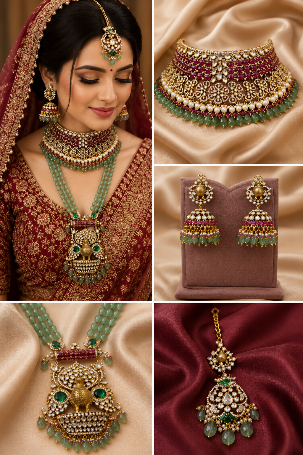 Green Beaded Polki Necklace Set with Bridal Choker
