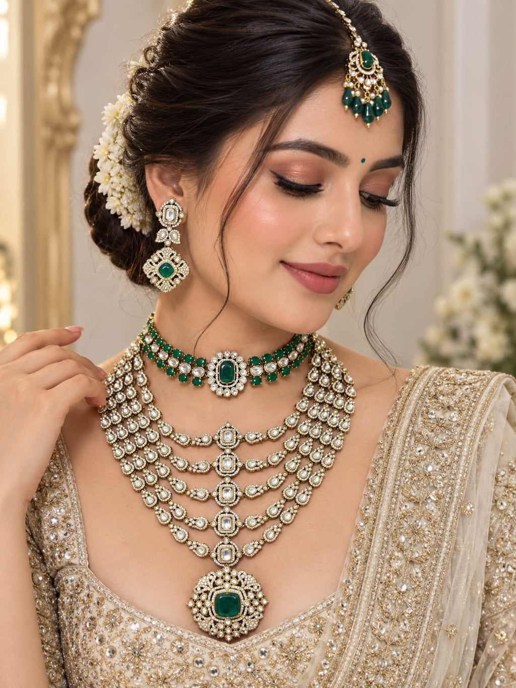 Ornate Emerald Kundan Polki Choker & Long Haar Set - Kundan Polki Bridal Jewellery by Ganesh Kundan & Polki (view 2)