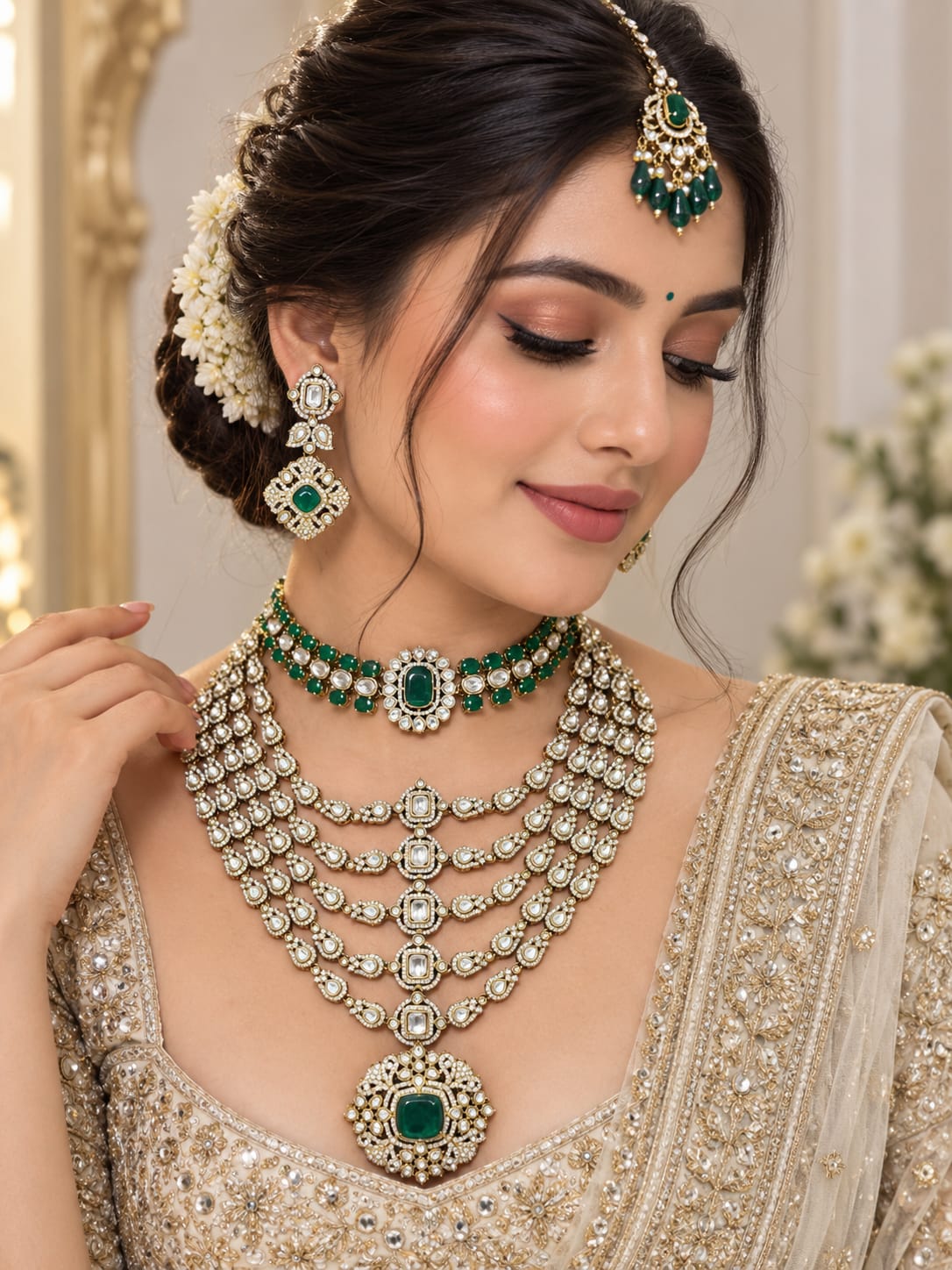 Ornate Emerald Kundan Polki Choker & Long Haar Set - Kundan Polki Bridal Jewellery by Ganesh Kundan & Polki (view 2)