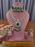Green bridal kundan polki jewellery set with choker long necklace and jhumka earrings