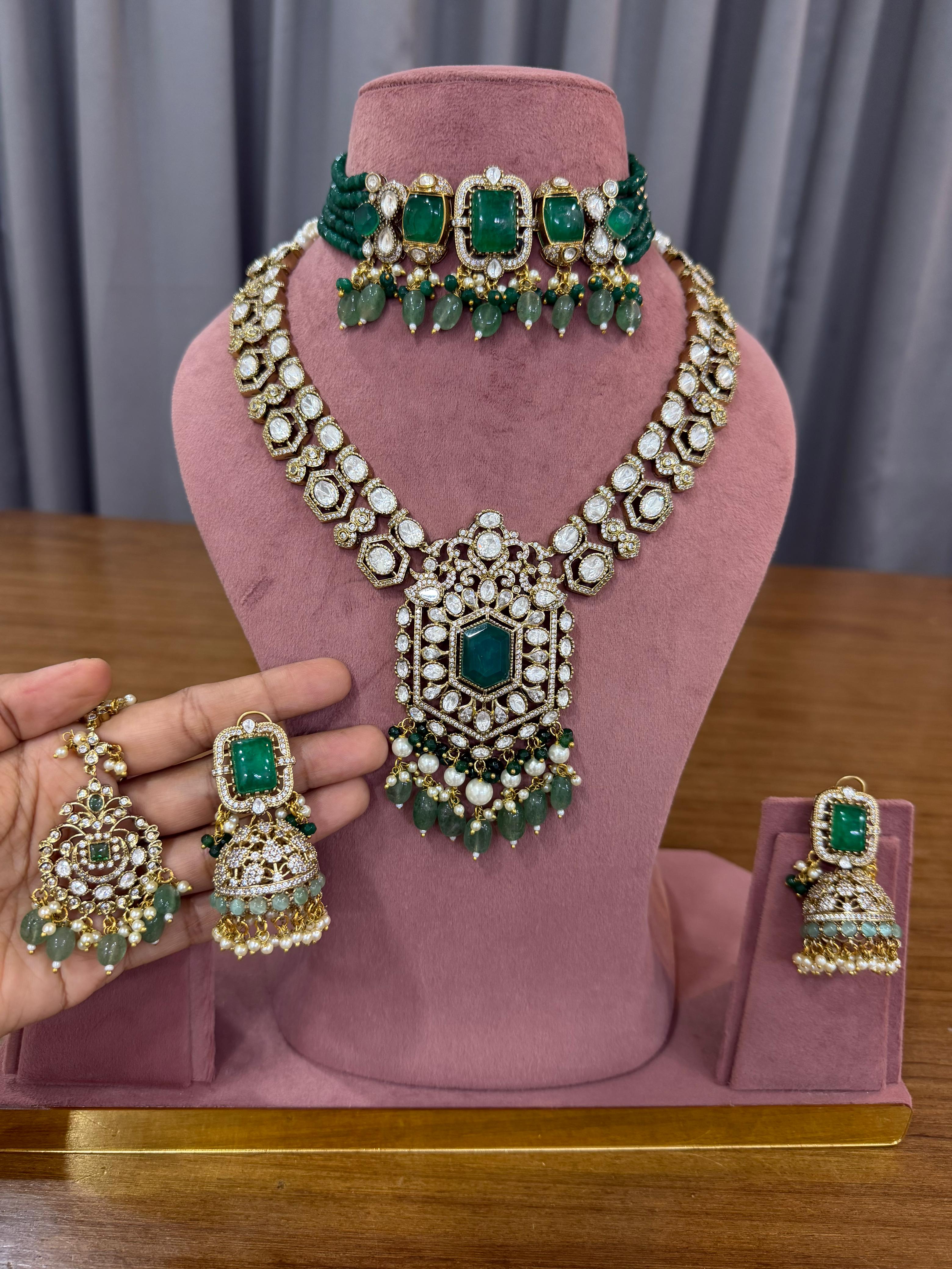 Green bridal kundan polki jewellery set with choker long necklace and jhumka earrings