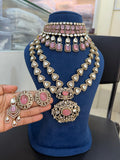 Pink bridal kundan polki jewellery set with choker long necklace and earrings