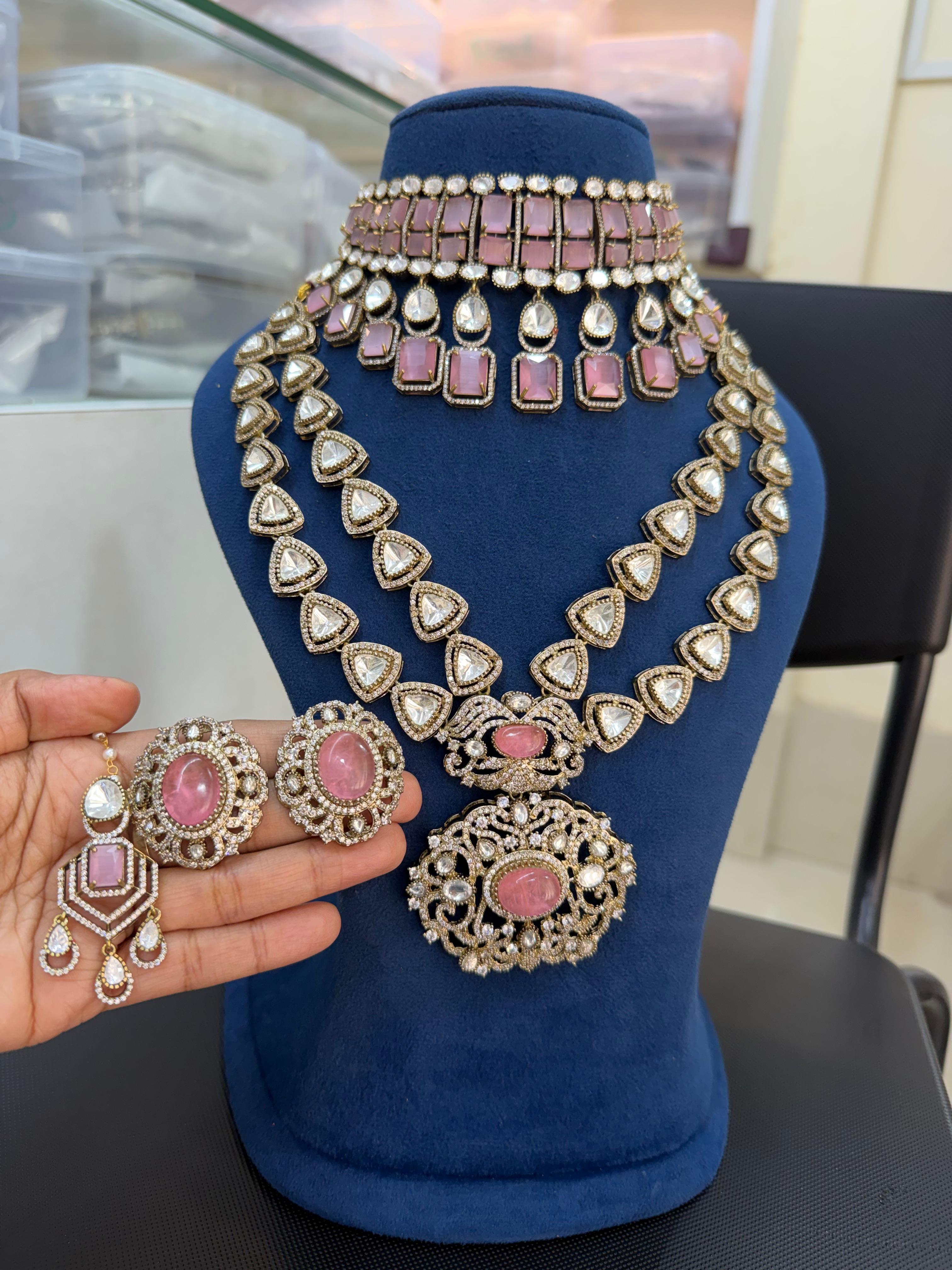 Pink bridal kundan polki jewellery set with choker long necklace and earrings