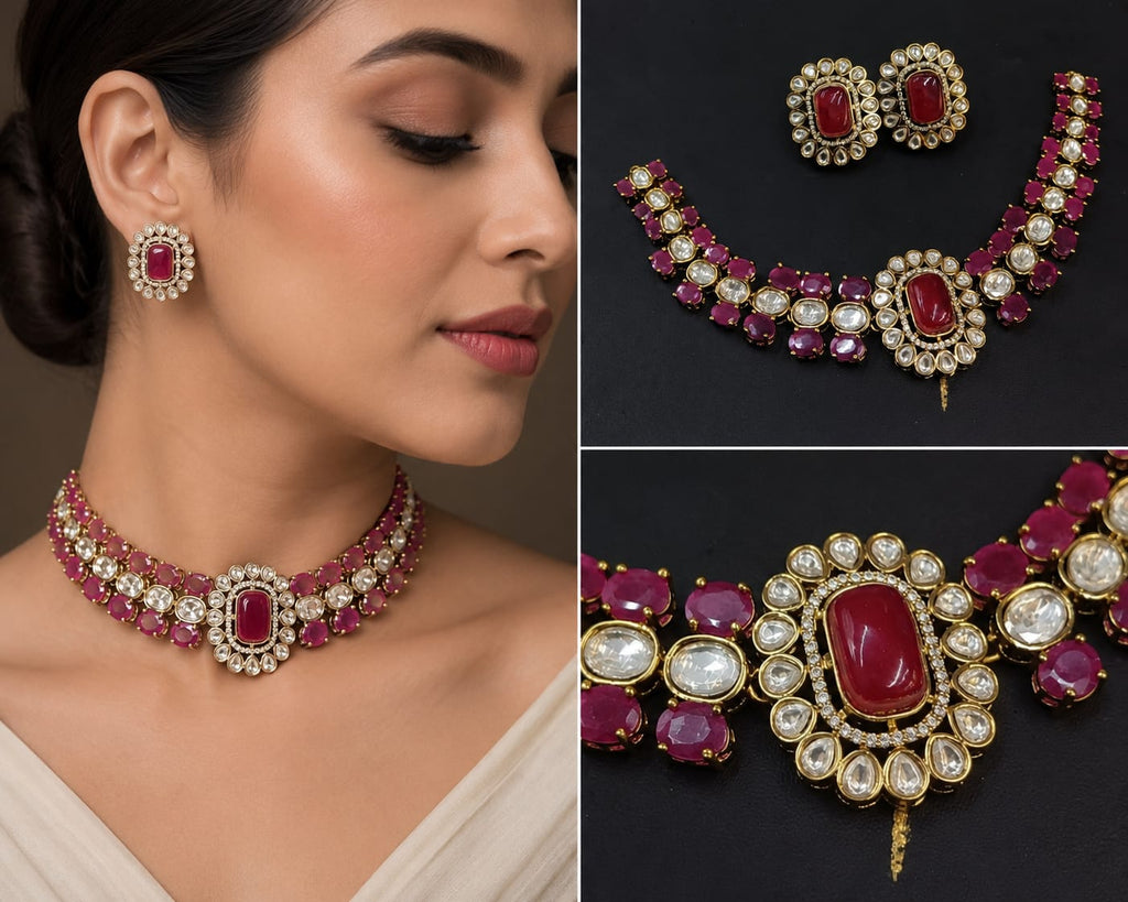 Ruby Red Wedding Kundan Polki Jewellery Set for Brides