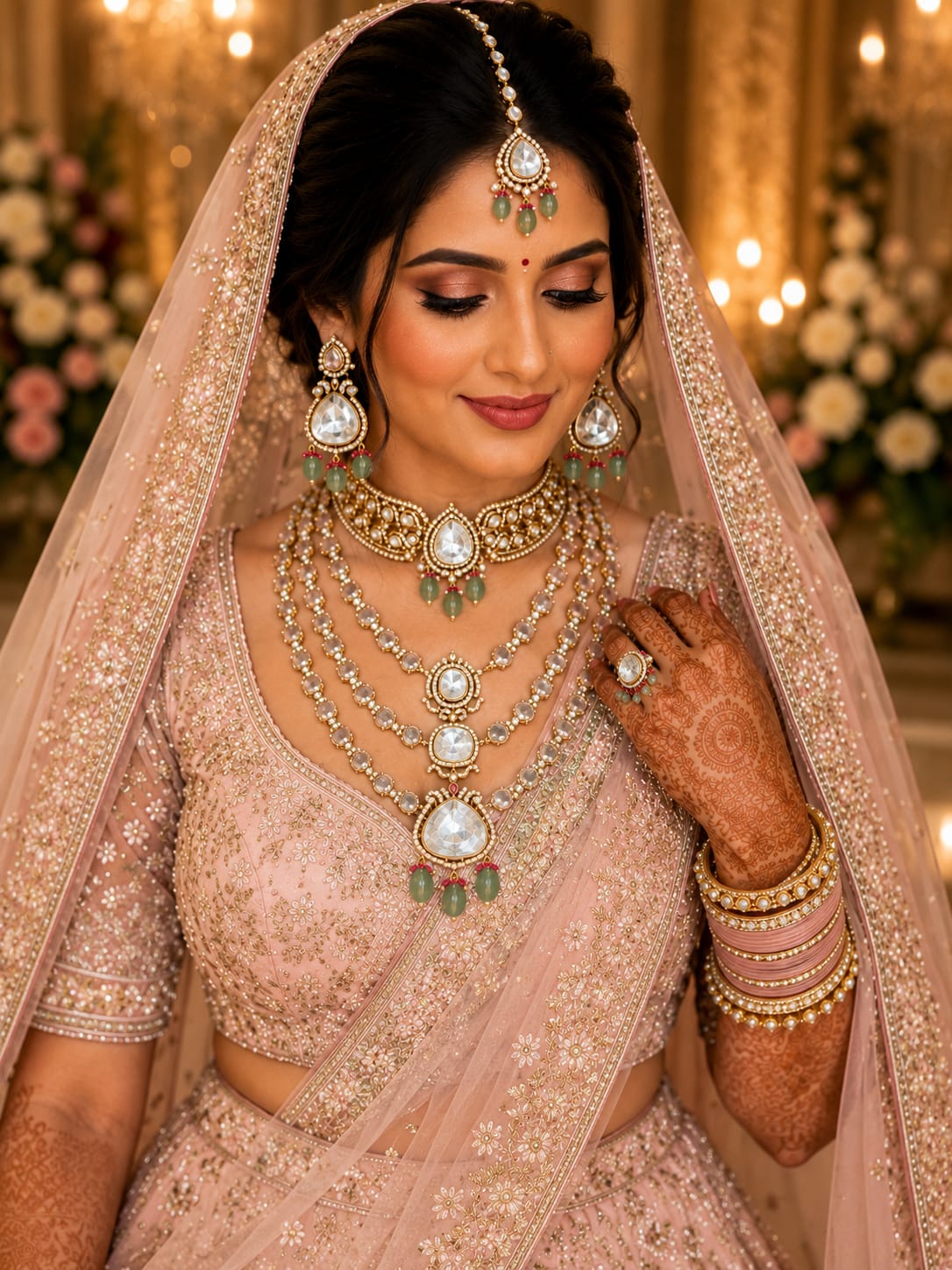 Artificial Bridal Polki Jewellery Set with Triple Layer Necklace