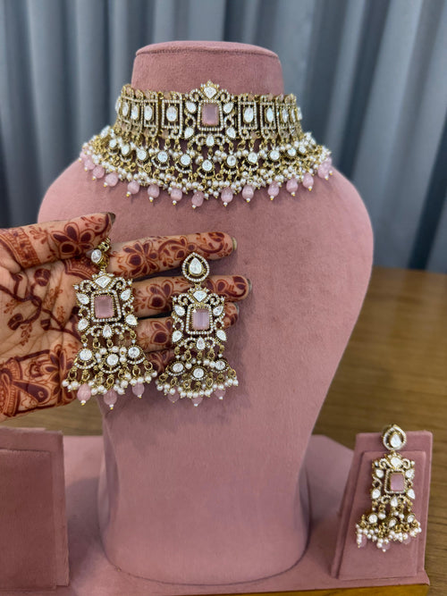 Pink Kundan bridal choker set with pearl and bead drops