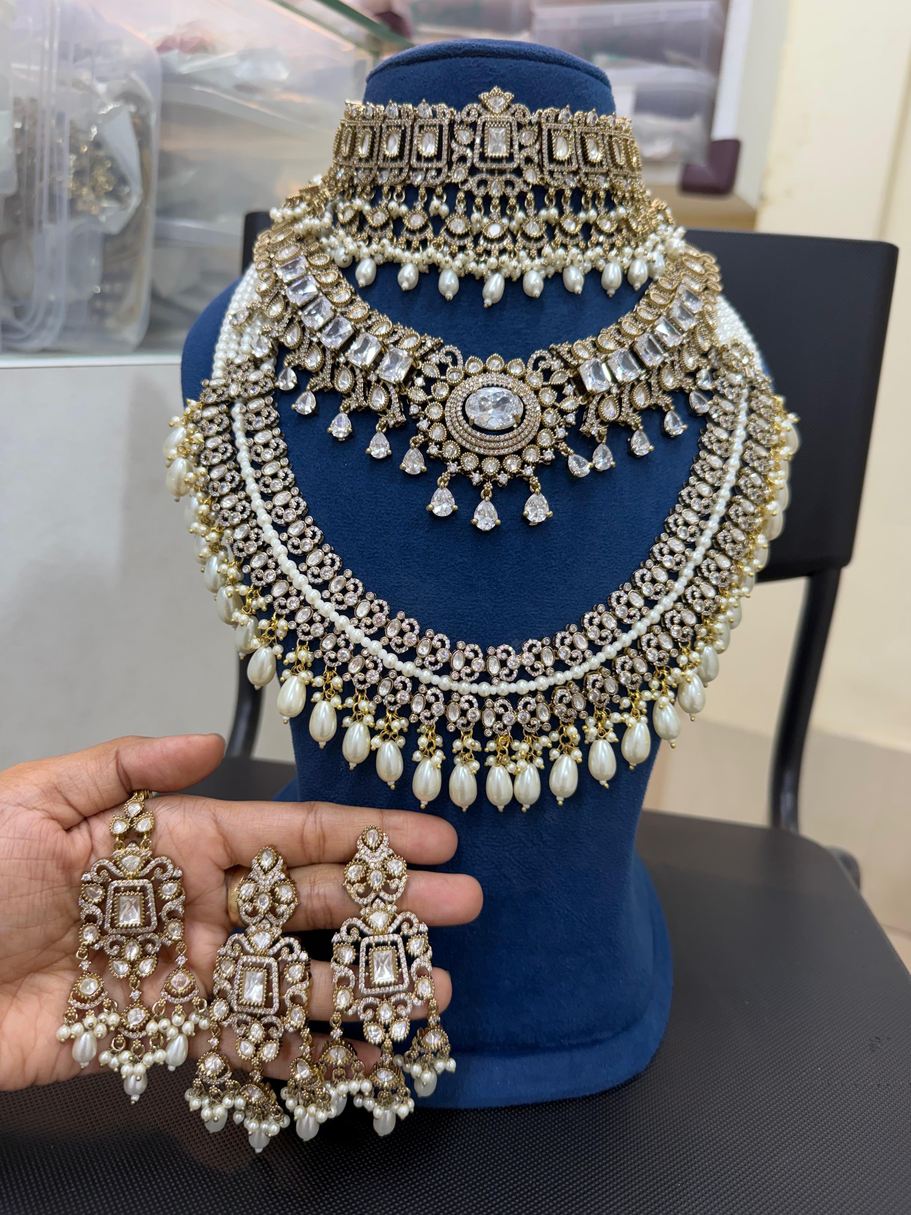 White Pearl Bridal Kundan & Polki Jewellery Set with Choker and Long Necklace