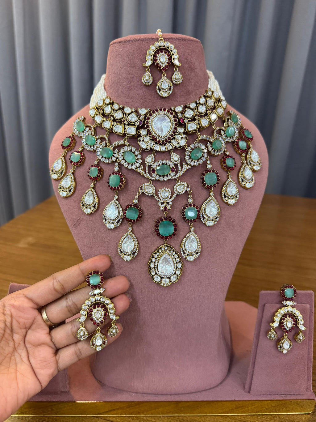 Premium Emerald Green & Ruby Bridal Kundan & Polki Statement Jewellery Set with Choker, Layered Necklace, Maang Tikka and Earrings