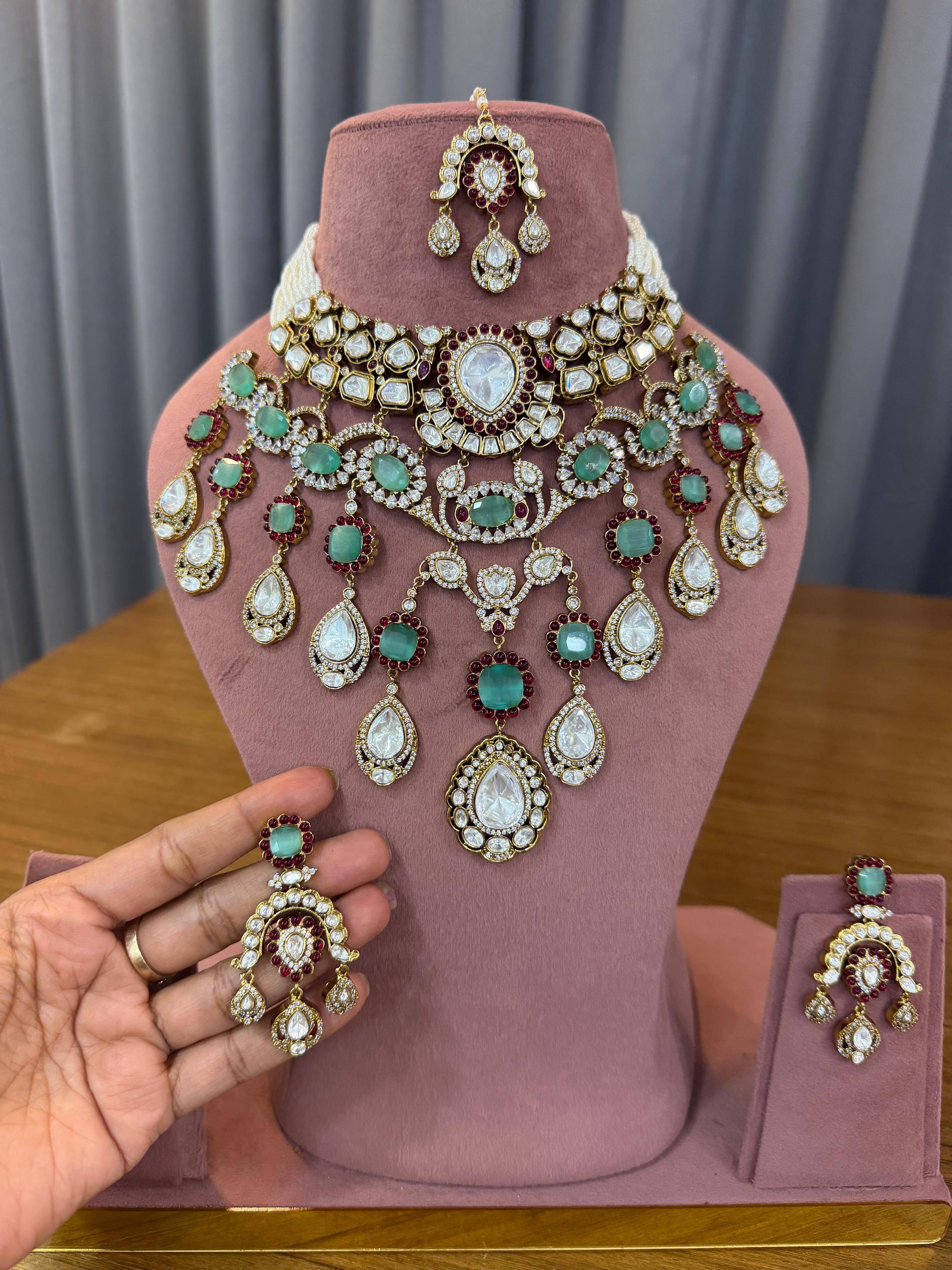 Premium Emerald Green & Ruby Bridal Kundan & Polki Statement Jewellery Set with Choker, Layered Necklace, Maang Tikka and Earrings